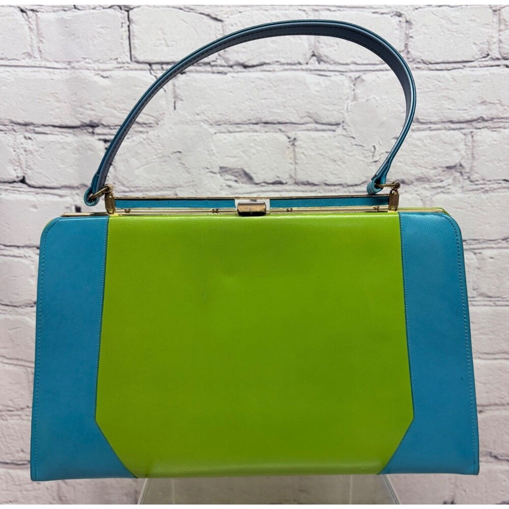 Vintage 1960s 70s Mod Colorblock Handbag Blue Green Vinyl Frame Top Handle Bag